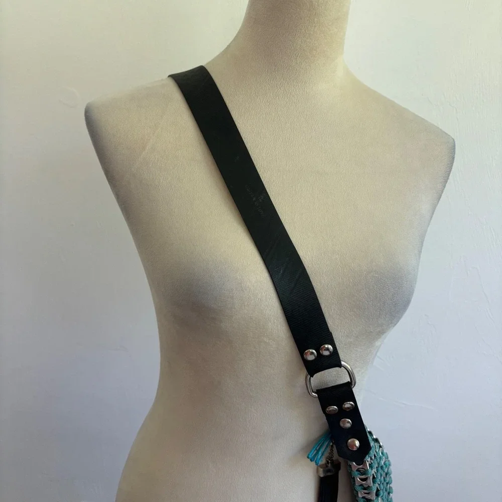 Escama Studio Soda Pop Tab Shoulder Bag Teal Crochet Chainmail Hobo Purse Silver